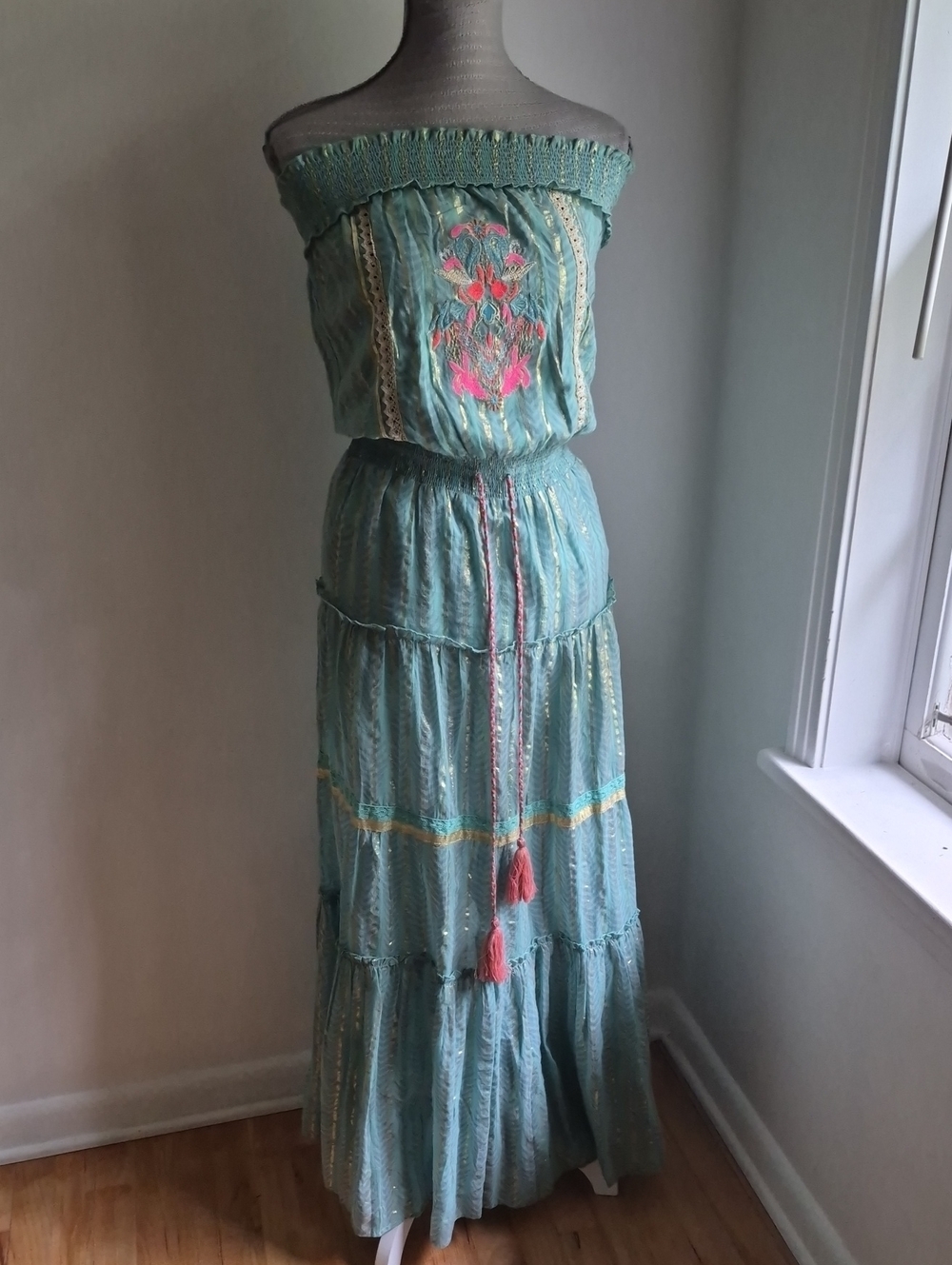 Boho Strapless Tiered Maxi Dress with Embroidered Bodice